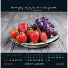 Text: "Wer freigebig und gütig ist, wird von allen geschätzt. Sprüche 19,22". Teller mit Erdbeeren und Trauben. Kalender: Mai 2027.