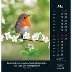 „Du tust deine Hand auf und sättigst alles, was lebt, mit Wohlgefallen. Psalm 145,16“ Kalender für Mai. Rotkehlchen auf Blütenzweig.