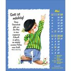 Links steht: "Gott ist mächtig! Diese Gewissheit gibt uns den Mut in eine ungewisse Zukunft zu gehen, sie verleiht unseren Füßen neue Kraft." Daneben ein Clown, der nach oben zeigt. Rechts ein Mai-Kalender.