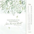 "Gottes Liebe gilt auch mir. In Jesus schenkt er Leben, das ewig bleibt." Kalender für Mai mit Blättern und Schmetterlingen.