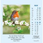 Mai-Kalender mit Spruch: "Du tust deine Hand auf und sättigst alles, was lebt, mit Wohlgefallen." Psalm 145,16. Ein Rotkehlchen sitzt auf einem Zweig mit weißen Blüten.
