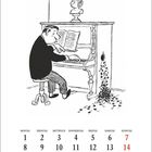 Kalender: Montag 1 bis Sonntag 14, März. Illustration: Ein Mann spielt Klavier, Noten fallen durch ein Loch im Boden.