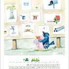 "Mai" und ein Kalender. Illustrationen: Zwei Vögel umarmen sich, umgeben von Bildern mit Objekten wie Baum, Vogelhaus und Regenschirm. Ein Hund unten.