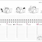 "Ohne meine Maus geht gar nichts!" sagt mein Mensch. Kalenderwoche mit Illustrationen einer Katze am Laptop, 5.-11. April.