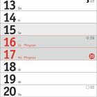Kalenderseite für Mai mit Feiertagen: Maifeiertag am 1., Christi Himmelfahrt am 6., Muttertag am 9., Pfingsten am 16. und 17.