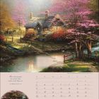 Zitat: "Gute Barmherzigkeit hat noch kein Ende." Illustration von romantischem Cottage am Fluss, blühende Bäume im Mai.