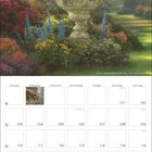 Text: Montag, Dienstag, Mittwoch, Donnerstag, Freitag, Samstag, Sonntag. Illustration: Ein blühender Garten mit einem Steinkübel im Sonnenlicht.