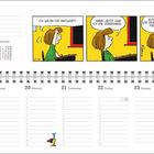 Illustration mit drei Panels:

1. "ICH WEISS DIE ANTWORT!"
2. "ABER JETZT HAB ICH SIE VERGESSEN..."
3. "SCHWER ZU ERKLÄREN, ODER, FRÄULEIN?"

Darunter ein Kalender.