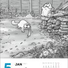 5. JAN, Dienstag, Illustration: Zwei Katzen, eine beobachtet die andere, die aus dem Bild rennt. Im Garten liegt Holz.