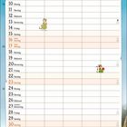 Kalender mit Datum vom 1. bis 31. Mai. Illustrationen: Jemand mit Hut, Katze in Latzhose im Garten, rotes Haus im Hintergrund.