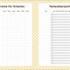 Links: Tabelle "Termine für Arbeiten" mit Spalten Fach und Datum. Rechts: "Notenübersicht" mit Spalten für Noten pro Halbjahr.