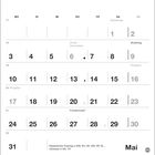 Kalender für Mai mit Feiertagen: Maifeiertag, Muttertag, Christi Himmelfahrt, Pfingsten, Fronleichnam. Einfaches Design.