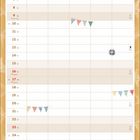 Kalenderblatt für Mai, zeigt Feiertage wie Maifeiertag, Christi Himmelfahrt, Muttertag. Gelber Hintergrund mit Seesternen.