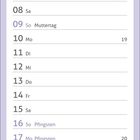 01 Sa Maifeiertag, 06 Do Christi Himmelfahrt, 09 So Muttertag, 16 So Pfingsten, 17 Mo Pfingsten, 27 Do Fronleichnam.