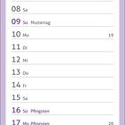 Kalenderblatt für Mai mit Feiertagen: 1. Maifeiertag, 6. Christi Himmelfahrt, 9. Muttertag, 16./17. Pfingsten, 27. Fronleichnam.