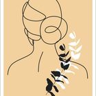 Mai mit Kalendertagen unten. Line-Art-Illustration einer Frau mit Hochsteckfrisur, Blätter im Vordergrund.