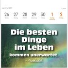 "Die besten Dinge im Leben kommen unerwartet." – Geduld. Kalender April/Mai 2027. Darunter Natur mit Regenbogen.
