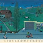 "MAI", "WERKSTATT", "TANKSTELLE". Ein nächtliches Dorf: Bauernhof, Personen, Tiere, Windräder, Tankstelle, Polizei.