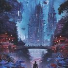 "05", darunter "01 02 03 04 05 06 07 08 09 10 11 12 13 14 15 16 17 18 19 20 21 22 23 24 25 26 27 28 29 30 31". "Forest Temples". Eine futuristische Stadtlandschaft bei Nacht, mit schwebenden Gebäuden, großen Pilzen und einem Krieger.