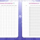 "TERMINE FÜR ARBEITEN", Tabelle für Fächer und Daten. "NOTENÜBERSICHT", Tabelle für Fächer, Noten und Gesamt-Note. Sternenhintergrund.