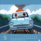 Hogwarts Express Logo, Menschen in blauem fliegendem Auto, Landschaft, Kalender für Mai unten, Nummernschild: 7990 TD.