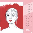 Kalenderseite für Mai; links eine Illustration einer Frau mit rotem Hintergrund und roten Lippen.