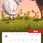 Kalenderblatt für Mai. Illustration: Zwei niedliche Ponys auf einer Wiese, umgeben von bunten Blumen und fliegenden Bienen. Links Daten.