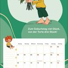 Mai, Zum Geburtstag viel Glück, von der Torte drei Stück! Kalenderblatt mit fröhlicher Illustration eines Kindes mit Blumen.