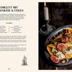 Omelett mit Ziegenkäse und Feigen: Rezept und Zutatenliste. Rechts ein Teller mit verziertem Omelett neben einer Kerze.