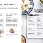 **Meal-Prepping – clever vorkochen**

Diese Lebensmittel solltest du für eine schnelle, proteinreiche Mahlzeit immer auf Vorrat haben:

**Im Kühlschrank:**
- Magerquark
- Kefir
- Hüttenkäse
- Schafskäse
- Bio-Eier
- Tofu
- geräucherter Lachs
- geräucherte Forelle

**Im Gefrierfach:**
- Edamame
- Erbsen
- Spinat oder Grünkohl
- Fisch

**In Dosen oder Gläsern:**
- Kichererbsen
- Linsen
- Kidneybohnen

**Illustration von Schalen mit Lebensmitteln.**