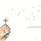 Vorsichtig spitzt er die Lippen und pustet. Zeichnung einer Hand, die eine Pusteblume hält, deren Samen wegfliegen.