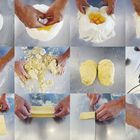 Ein Ablauf zur Pastaherstellung: Mehlkuppe, Eier werden zugegeben, Teig geknetet, Maschine rollt, Teig wird geschnitten.