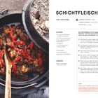 "Schichtfleisch 24/7", Rezept mit Zutatenliste und Zubereitungshinweisen. Links Dutch Oven mit Schichtfleisch.