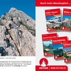 "Noch mehr Wanderglück …" Oben: Wanderführer "Hohe Tauern", "Wilder Kaiser". Unten: Bergsteiger am steilen Felsen.