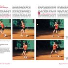 „Topspin-Vorhand: Die Mutter aller Schläge“. Zeigt Bilder einer Frau beim Tennisspielen in roten Oberteilen und schwarzen Shorts.