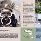 Texte: 

- "Stefan Loose Traveltipps"
- "Danau Sentani und Jayapura"
- "Baliem-Tal"
- "Danau Habbema"
- "Raja Ampat"
- "West-Neuguinea"
- "Wann fahren?"
- "Wie lange?"
- "Outdoor-Tipp"

Illustration eines Menschen mit traditionellem Kopfputz, Karte unten.