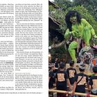 Oberer rechter Text: "Vor dem balinesischen Neujahr werden riesige Figuren, die Ogoh-Ogoh, durch die Straßen getragen." Auf der rechten Seite eine riesige, grünliche Figur mit langen schwarzen Haaren, begleitet von Personen in traditioneller Kleidung.