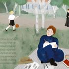 1895 – 19 Jahre. Frau zeichnet im Park, Junge spielt mit Ball, Dame spaziert. Gebäude im Hintergrund, Picknickkorb und Buch.