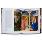 Text links in Englisch über die Verkündigung. Rechts ein Gemälde: Ein Engel neigt sich vor Maria, umgeben von Bögen.