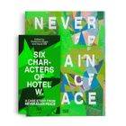 Titel: „SIX CHARACTERS OF HOTEL W. A CASE STUDY FROM NEVER AGAIN PEACE“. Abstracte, bunte Hintergrundgestaltung.