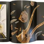 Links ein gelbes, dreieckiges Kunstwerk über einem Flur, rechts Knochen und Steine auf schwarzem Hintergrund.