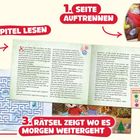 1. SEITE AUFTRENEN, 2. KAPITEL LESEN, 3. RÄTSEL ZEIGT WO ES MORGEN WEITERGEHT. Text, Diagramm und Buchillustration.