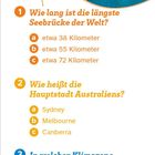 Drei Fragen in Gelb und Blau. Oben rundes Bild: große Brücke über blaues Wasser.