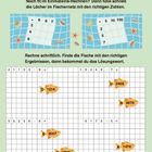 „Malnehmen und teilen“. Ein Arbeitsblatt mit Rechenaufgaben. Fische mit Zahlen auf einem Gitterhintergrund.