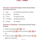 "TEST FINALE" in Rot mit einem Messer-Logo darüber; Aufgaben zur Zuordnung von Namen und Berufen sowie Präpositionen.