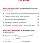 "Test Final" mit Messerillustration oben. Zwei Übungen: 1. Aussagen ankreuzen; 2. Präpositionen einsetzen. Numeriert bis 5 und 3.