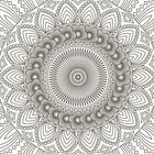 Ornamentales Mandala mit symmetrischen, detaillierten Mustern aus Kreisen, Blättern und geometrischen Formen in Schwarz-Weiß.