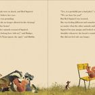 Text: "NO RED SQUIRRELS!" Illustration von Tieren, die ein Schild betrachten. Ein rotes Eichhörnchen sitzt besorgt auf einem Stuhl.