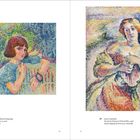 Links: "Jeanne Selmersheim-Desgrange, Portrait of Colette, ca. 1907." Rechts: "Lucie Cousturier, Portrait of a Woman in Pink and Blue, 1908." Beide sind pointillistische Gemälde von Frauen.