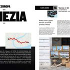 Text: "VENEZIA, Venice in Oil, Banksy contro i giganti del mare". Illustration von Kunstwerken auf Staffeleien, Straßenmarkt-Szene.